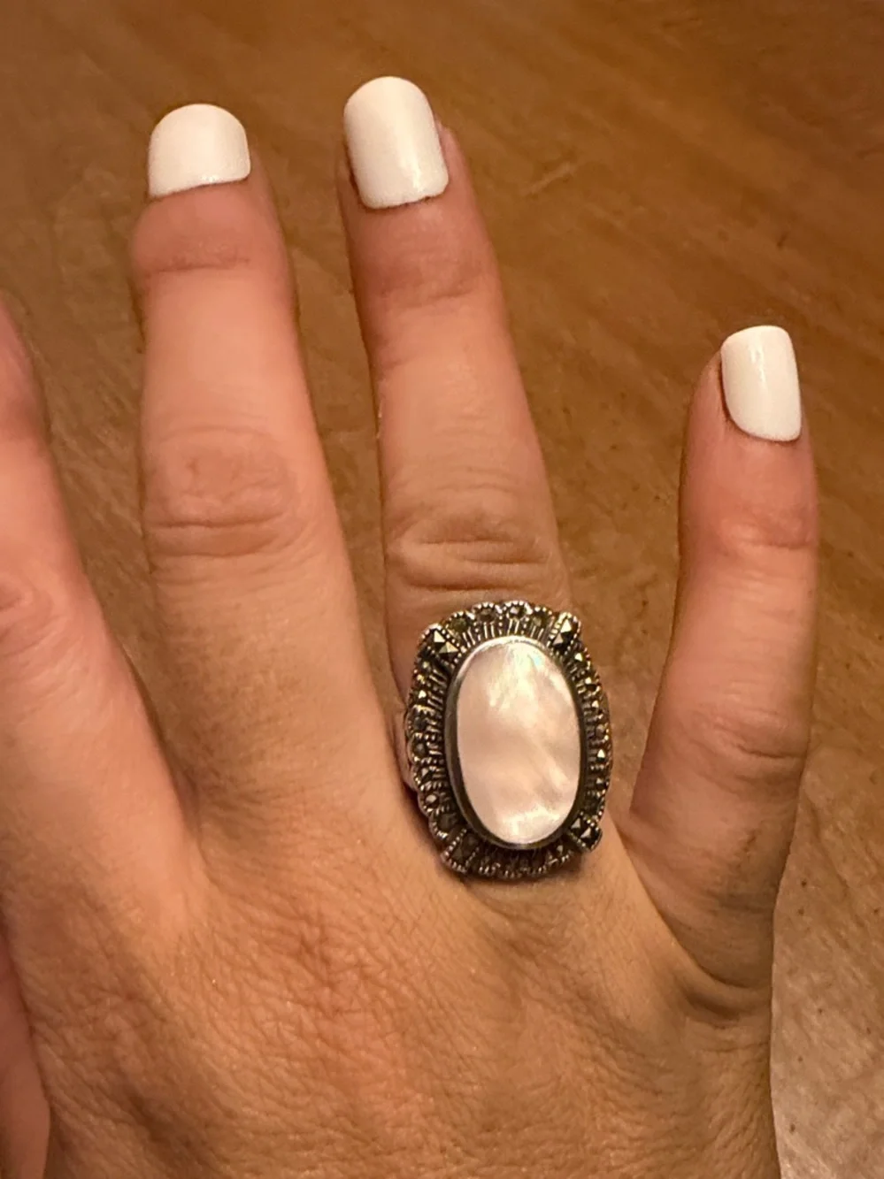 Mother of Pearl Oval Statement Ring - White and Silver